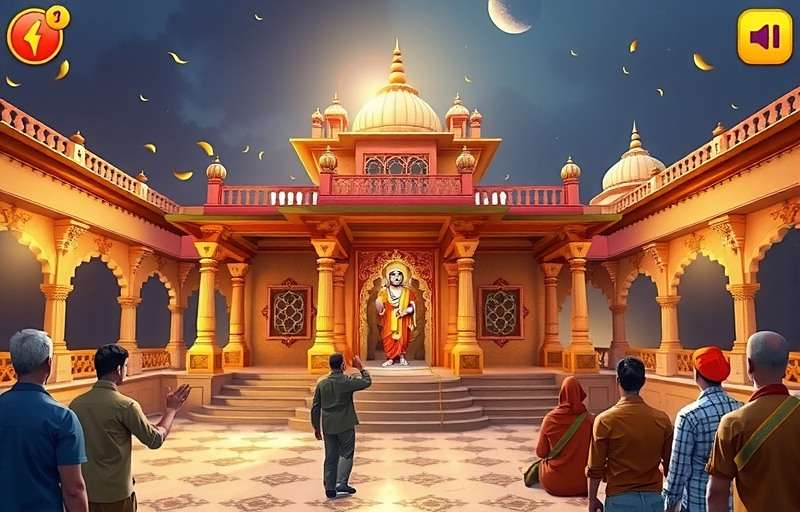 Shirdi Sai Baba Miracles game screenshot showing the virtual Shirdi temple with devotees praying